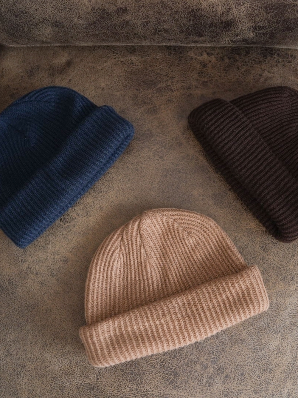 Three-Pack Knit Beanie Set - Navy, Brown, Camel